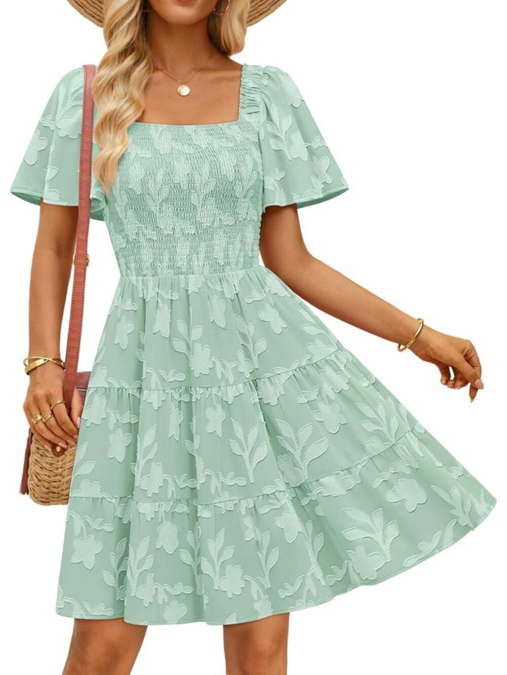 〽️Women's Sage Casual Short Sleeve Square Neck Summer Boho Floral Mini Dress
